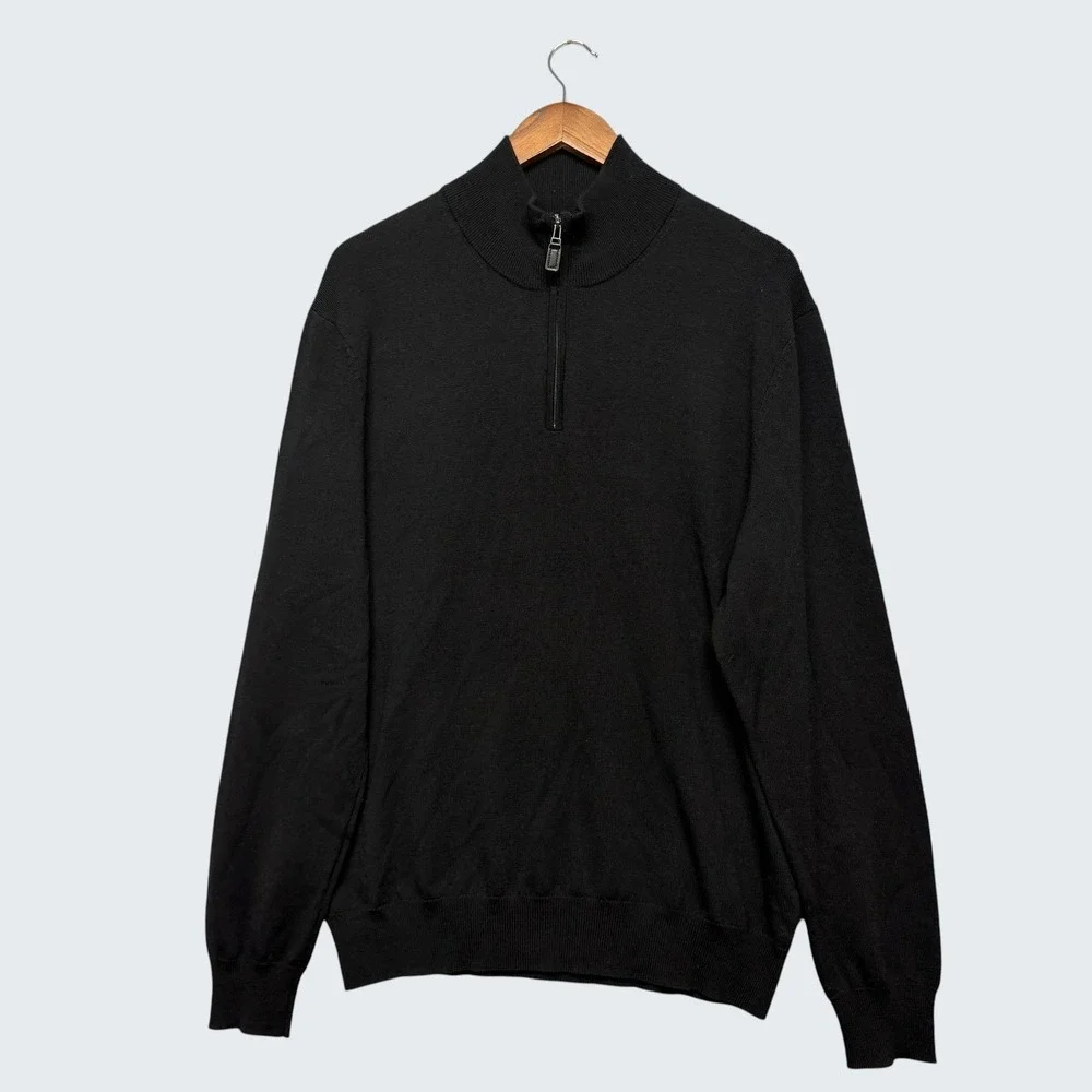 Jos.A Bank Sweater Mens XL Black Traveler 100% Merino Wool Quarter Zip Old Money